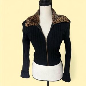 OTTO Black Ribbed Zip-Up Sweater with Brown Faux Fur Collar